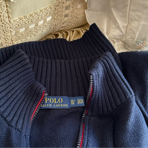 Polo Ralph Lauren Navy Blue Full Zip Cable Knit Sweater Men’s Size XL Classic - Picture 8 of 15